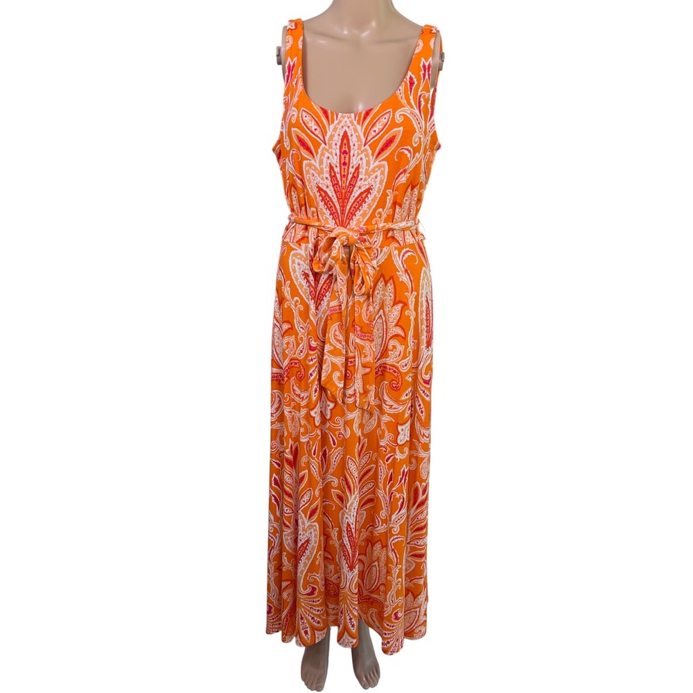 LOFT Orange Paisley Print Maxi Dress With Belt Women's Size Medium